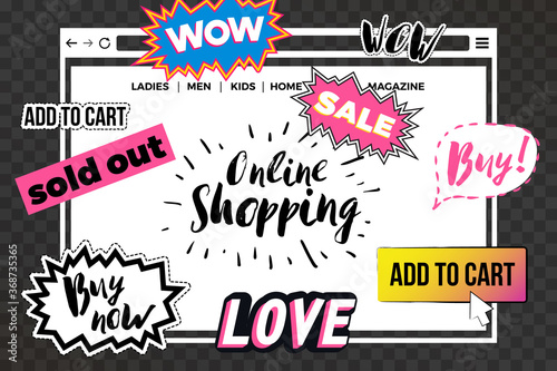 Website page. Online shopping stickers and patches collection. Wow label, sale cloud, lovel, buy nowl, online shoppingl, add to cart button, sold out, wow, buy bubble. Vector illustration, vogue style photo