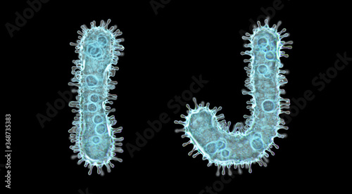 Set of letters made of virus isolated on black background. Capital letter I, J. 3d rendering. Covid font
