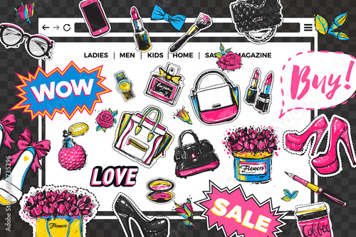 Website page banner design template. Online shopping stickers and patches collection. Vector fashion illustration in vogue style.