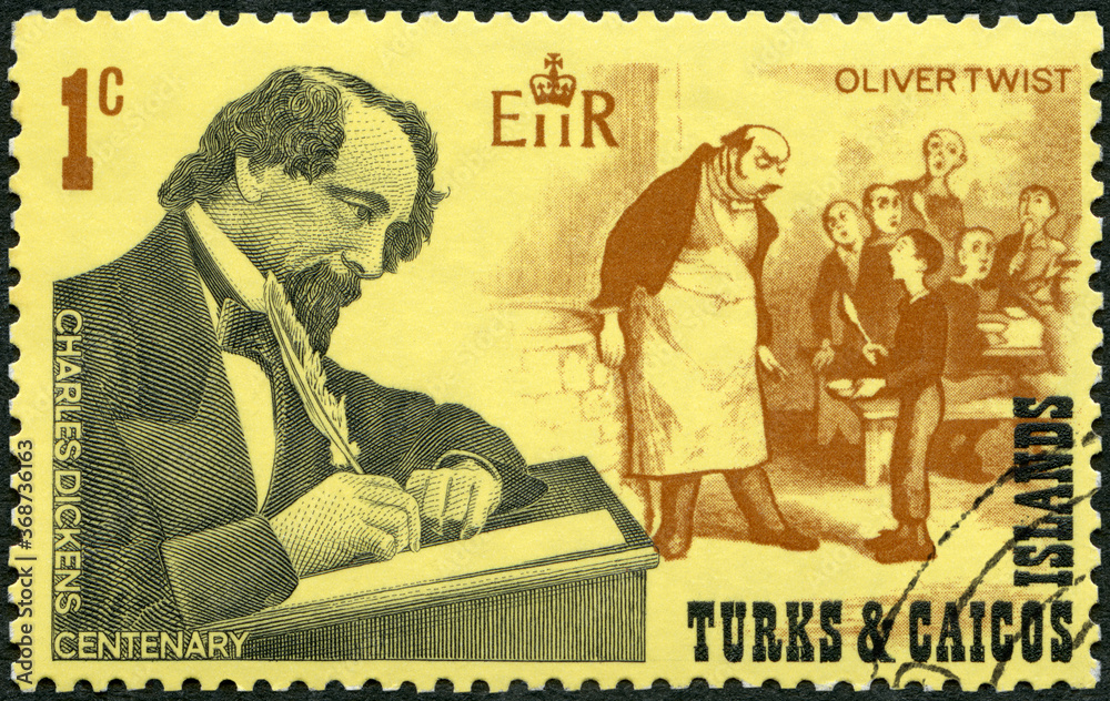 TURKS AND CAICOS ISLANDS - 1970: shows writer Charles Dickens (1812-1870), English novelist and illustrations from Oliver Twists, 1970 - obrazy, fototapety, plakaty 