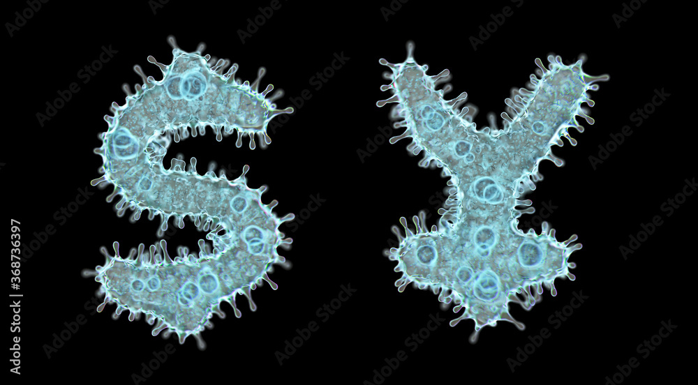 Alphabet made of virus isolated on black background. Symbol dollar and yen. 3d rendering. Covid font