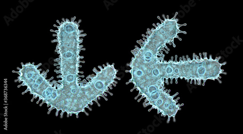 Alphabet made of virus isolated on black background. Symbol arrow to down and left arrow. 3d rendering. Covid font