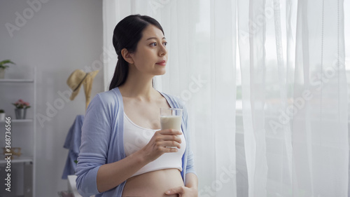 Young pretty Asian japanese pregnant woman standing in front of white curtain holding glass of cow milk and touching bare tummy looking outside with smile. Pregnancy woman health lifestyle concept. Free Download Young pretty Asian japanese pregnant woman standing in front of white curtain holding glass of cow milk and touching bare tummy looking outside with smile. Pregnancy woman health lifestyle concept. - GFXLoad