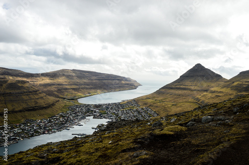 Amazing view in Faroe Islands  Denmark  Europe . Beautiful Panoramic Scene Of Nordic Islands