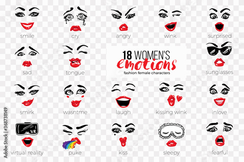 Woman's vector emoticons, emoji, smiley icons, characters: sleepy, kissing wink, fearful, inlove, surprised, sunglasses, kiss, laugh, angry, puke, tongue, cry, virtual reality, smirk, sad, smile