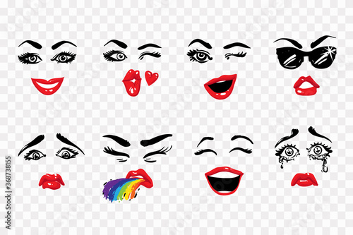 Fashion illustrated women's emotional faces: kissing wink, wink, sunglasses, laugh, puke, cry, sad, smile. Woman vector emoticons, emoji, smiley icons, characters.