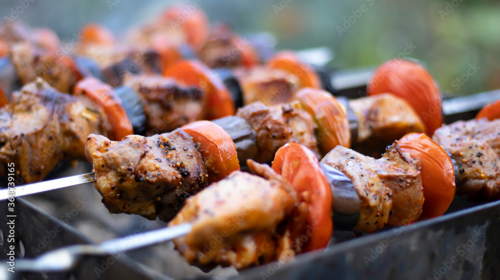 Juicy shish kebab in the grill outdoors, pieces of meat on coals, close-up. Smoke, blurred bokeh background. Cape, tomato, eggplant, onion.