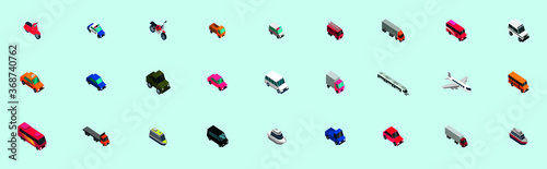 set of isometric transportation. scooter, airplane and more in various models. vector illustration