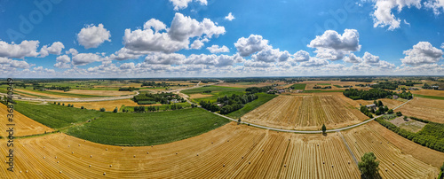 Aerial panorama of rural road passing through agricultural land in Poland countryside photo