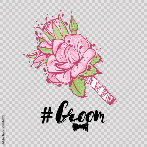 Fashionable greeting card with groom hashtag and rose boutonniere. Wedding patches illustration. Invitation card composition. Vector fashion hand drawn art in watercolor style, floral decoration.