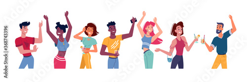 People dance at party or happy flat person at disco. Friends discotheque or young crowd with cocktail dancing. Man and woman dancer. Group of young teen at nightclub or concert. Nightlife activity