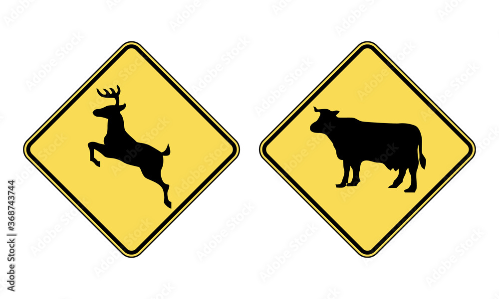 Animals crossing road sign set. Beware deer and cattle crossing road. Vector illustration of yellow diamond shaped warning traffic signs isolated on white background.
