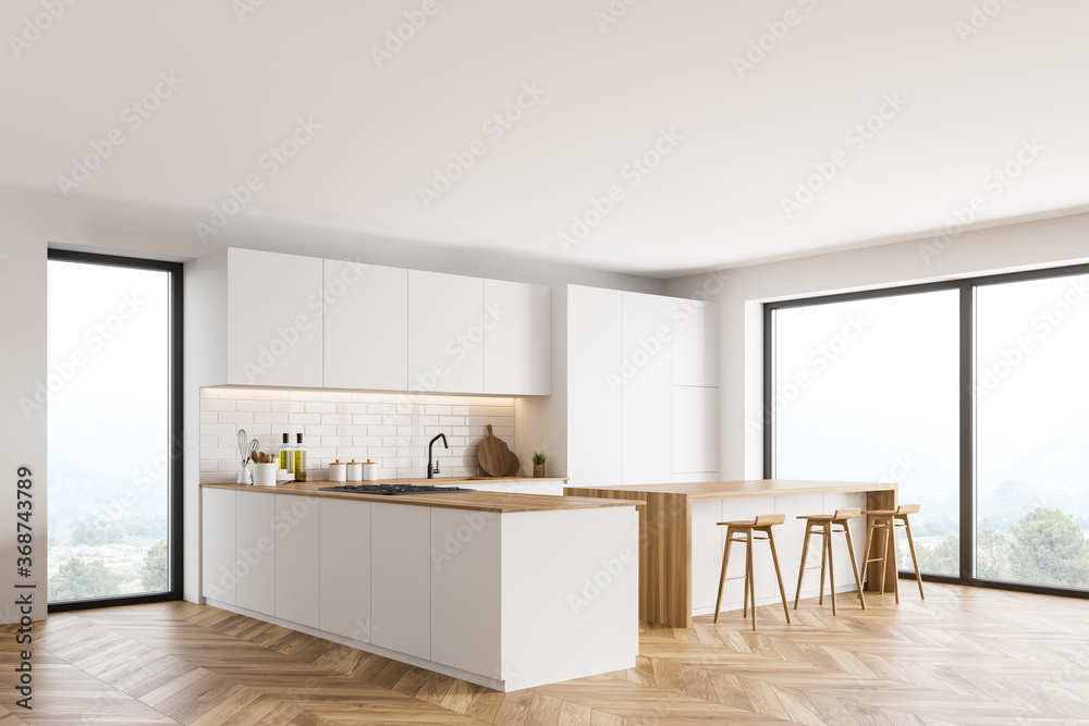 Fototapeta premium White kitchen corner with bar