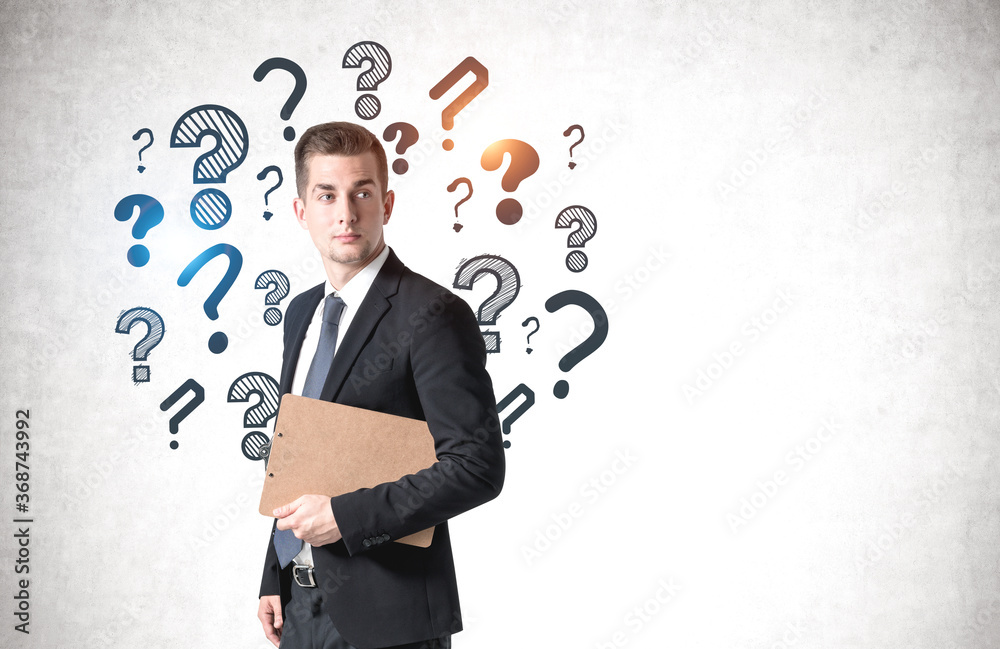 Man with clipboard, question marks Man with clipboard, question marks