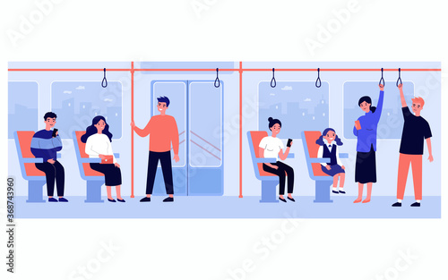 Men and women traveling by bus or subway isolated flat vector illustration. Cartoon crowd of people sitting and standing in vehicle. Public urban transport and destination concept