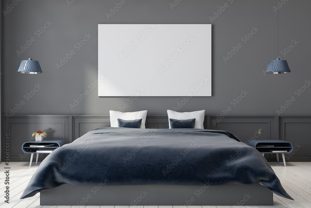 Grey bedroom interior with poster - obrazy, fototapety, plakaty 