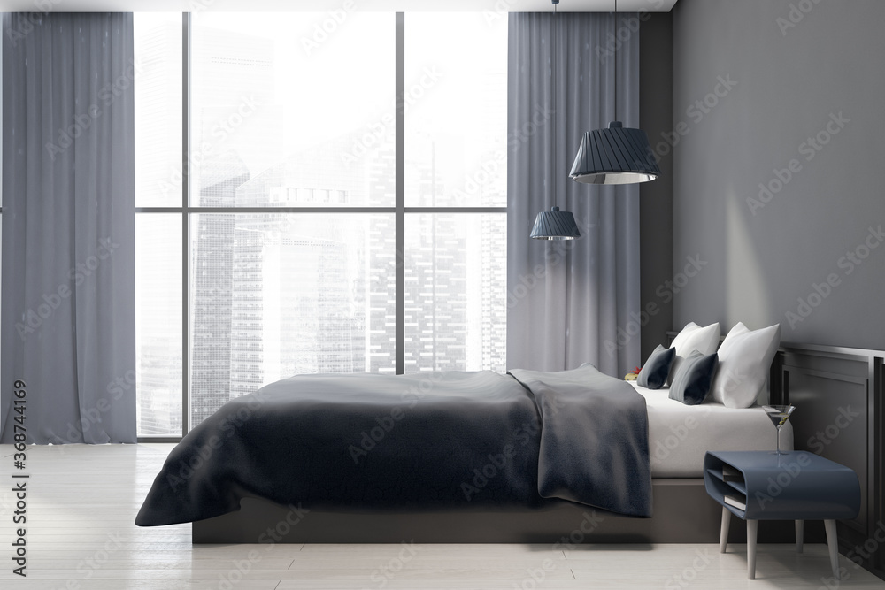 Grey master bedroom, side view - obrazy, fototapety, plakaty 