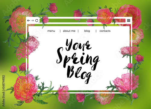 Spring blog or web site composition design. Vector flower patch embroidery in watercolor style. Vintage floral card on green