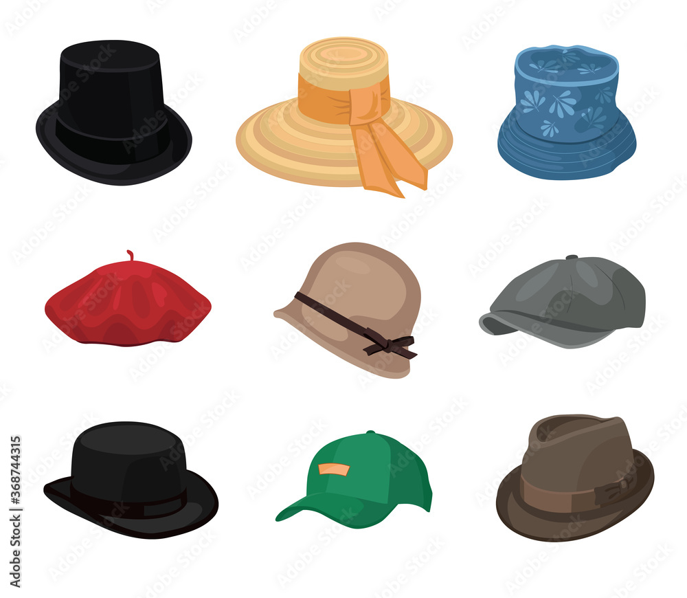 Vintage hats set. Male and female caps, fedora and summer straw hats for men and women, blue panama and red beret. Vector illustration for fashion, head wear, headdress, accessory concepts - obrazy, fototapety, plakaty 
