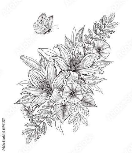 Hand Drawn Lily Flowers  and  Flying Butterfly