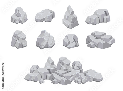 Pieces of rock set. Heaps of natural stone rocks isolated on white background. Piles of grey boulders, cobbles and gravels of different size. For mountains, geology, rock fall concepts