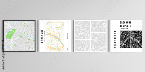 Realistic vector layouts of cover mockup design templates with urban city map of Paris for square brochure, cover design, flyer, book design, magazine, poster.
