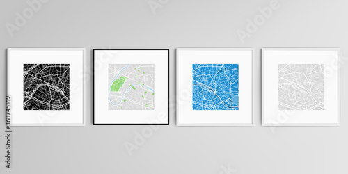 Realistic vector set of square picture frames isolated on gray background with urban city map of Paris.