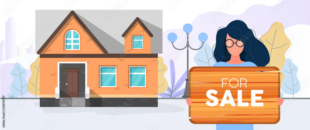 Girl holding a sign for sale. The woman is selling the house. The concept of selling apartments, houses and real estate. Vector.