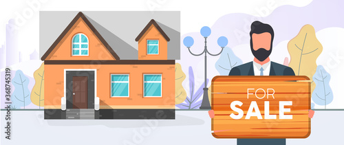 A man holding a For Sale sign. The guy is selling the house. The concept of selling apartments, houses and real estate. Vector.