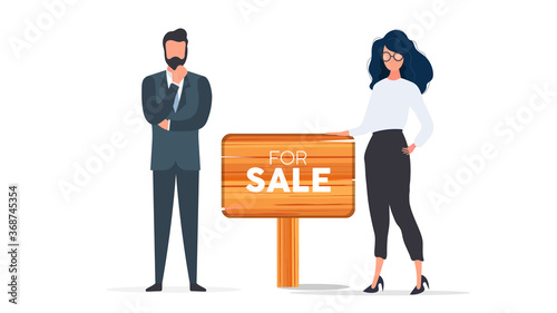 Realtors with a For Sale sign. The girl and the man are realtors. Good for design on the topic of selling houses, apartments and real estate. Isolated. Vector.