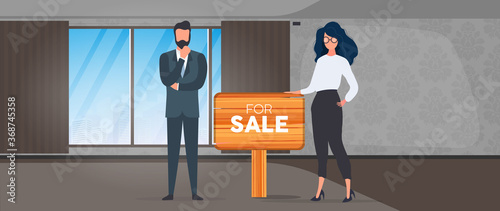 Realtors with a For Sale sign. The girl and the man are realtors. The concept of selling apartments, houses and real estate. Isolated. Vector.