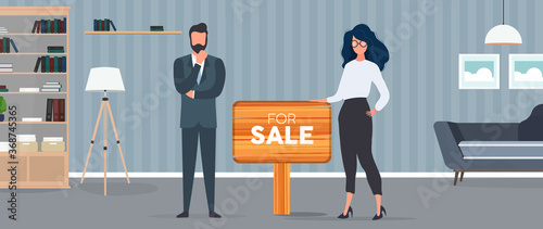 Realtors with a For Sale sign. The girl and the man are realtors. The concept of selling apartments, houses and real estate. Isolated. Vector.