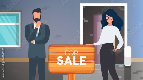 Realtors with a For Sale sign. The girl and the man are realtors. The concept of selling apartments, houses and real estate. Isolated. Vector.