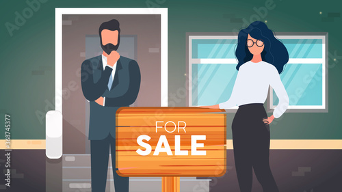 Realtors with a For Sale sign. The girl and the man are realtors. The concept of selling apartments, houses and real estate. Isolated. Vector.