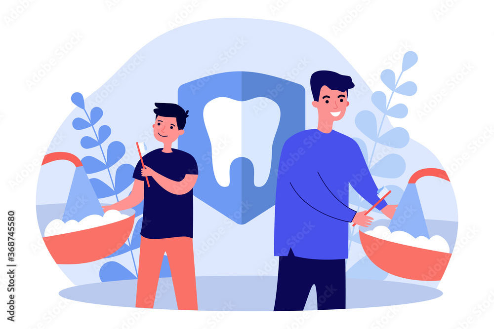 Father and son brushing teeth. Man and boy with toothbrushes in bathroom flat vector illustration. Morning, hygiene, tooth care concept for banner, website design or landing web page Father and son brushing teeth. Man and boy with toothbrushes in bathroom flat vector illustration. Morning, hygiene, tooth care concept for banner, website design or landing web page