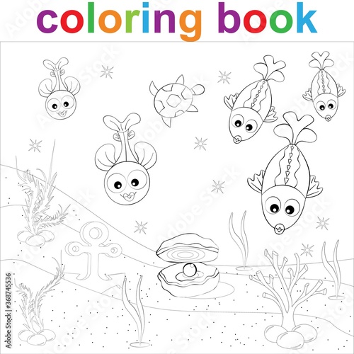 Coloring page template with cartoon turtle  fish and pearl. For children coloring sea life.