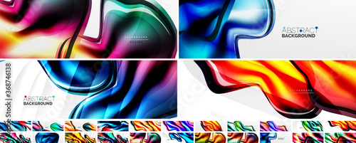 Vector set of abstract backgrounds, flowing liquid style geometric shapes with metallic, quicksilver texture and color glow effects