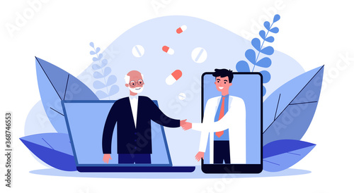 Online medical help. Doctor and senior patient appearing from gadgets and shaking hands flat vector illustration. Communication, healthcare concept for banner, website design or landing web page