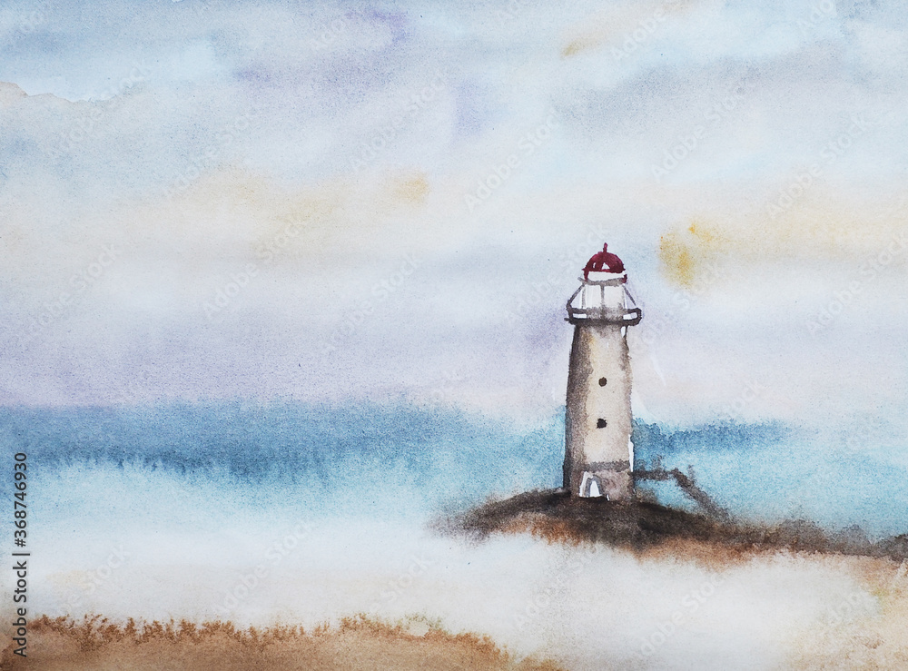 watercolor nature and landscape with ocean and sea with lighthouse 