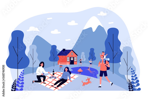 People spending vacation outdoors. Picnic, hiking in mountains, swimming in lake flat vector illustration. Leisure, outdoor activity, summer concept for banner, website design or landing web page