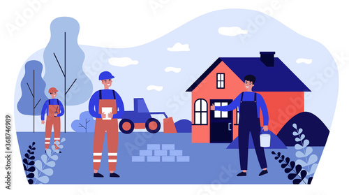 Construction workers repairing or building country house. People in overalls and hardhats outdoors flat vector illustration. Construction works concept for banner, website design or landing web page