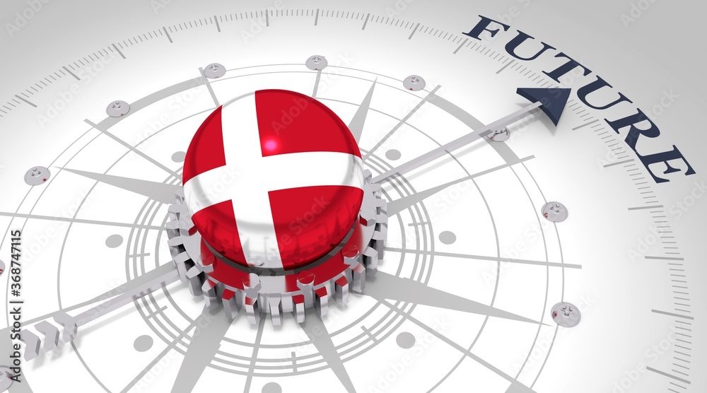 Business concept. Abstract compass points to the future word. Flag of the Denmark. 3D rendering Business concept. Abstract compass points to the future word. Flag of the Denmark. 3D rendering