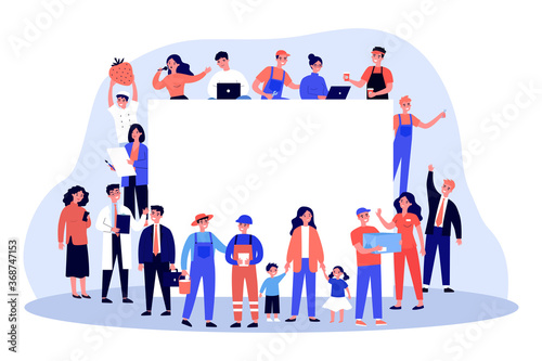 People of different occupations around blank banner. Businessman, housewife, worker, doctor flat vector illustration. Community, society, job concept for banner, website design or landing web page photo