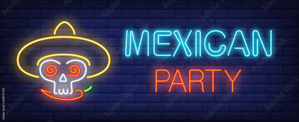 Mexican party neon text with skull biting chili pepper and wearing