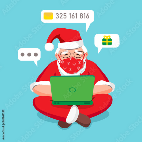 Santa Claus in medical mask wishes remotely Merry Christmas and New Year 2021 during coronavirus quarantine. Sits with laptop at home, checks and writes e-mail on  background. Vector flat illustration