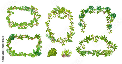 Jungle frames set. Green frame shaped lianas, tropical plant branches with leaves, space for text or sign with borders. Isolated vector illustration for forest or online game concept