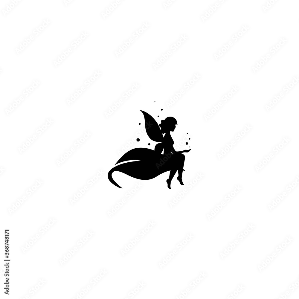 Black leave with fairy girl. Magic, fantasy. Isolated on white. Flat design.
