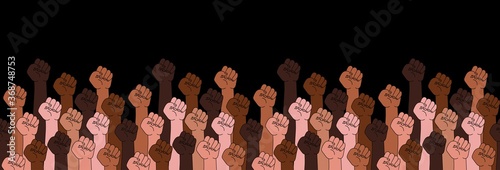 Black lives matter horizontal banner with protest fist in the air.  BIPOC. Stop racism.Black lives matter graphic poster design template against racial discrimination dark background