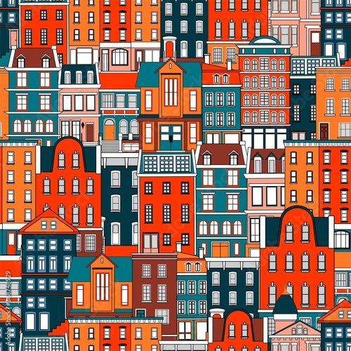 Seamless background from pictures of old houses. Flat vector illustration.