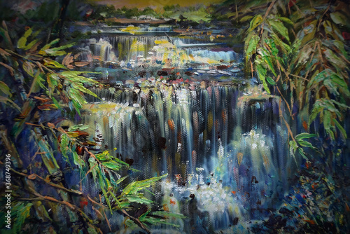 Fototapeta Naklejka Na Ścianę i Meble -  Oil painting Fine art color Beautiful waterfalls in Thailand